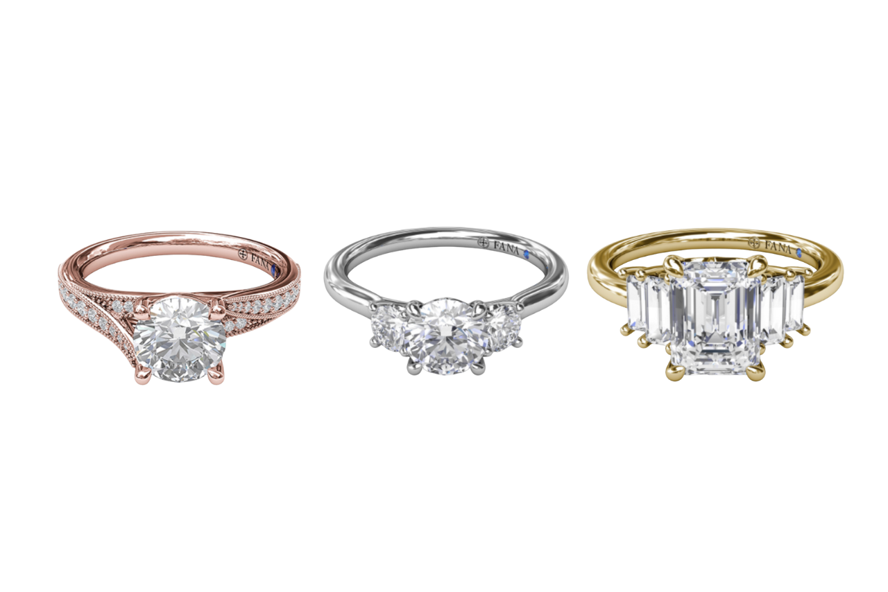 A collage of three Fana engagement rings in rose, white, and yellow gold, featuring round cut and emerald diamonds.