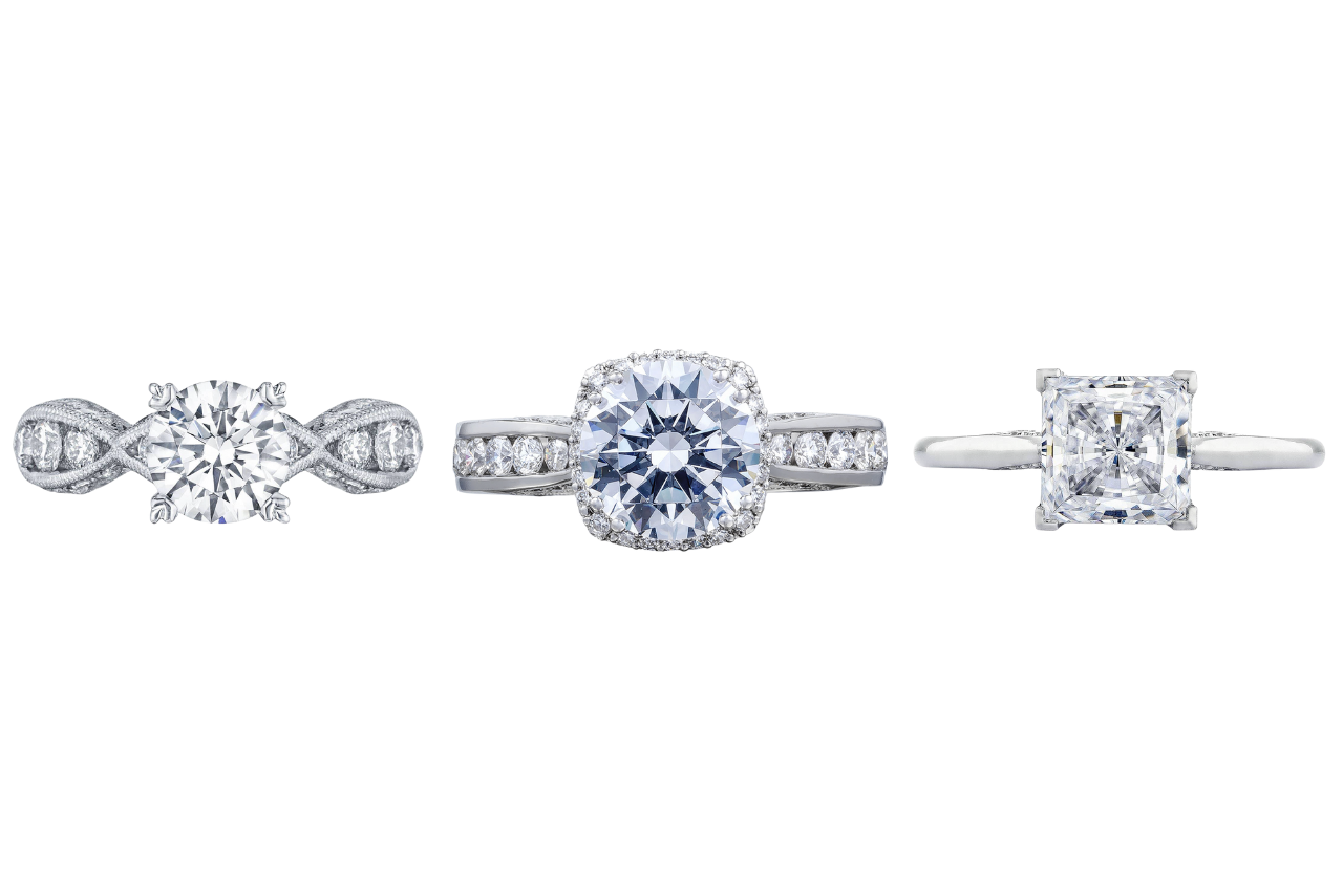 A collage of three TACORI engagement rings.