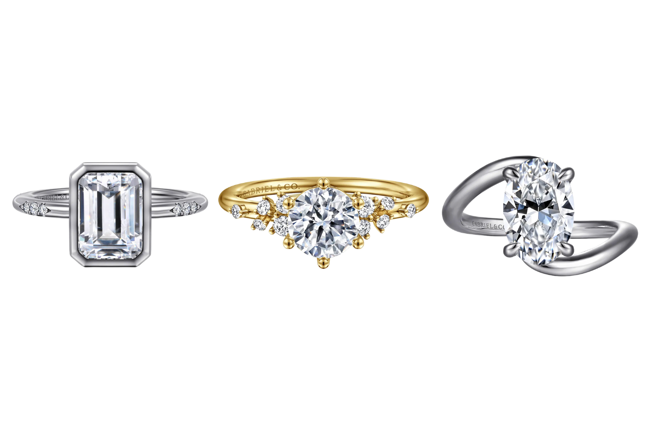 A collage of three Gabriel & Co. engagement rings.