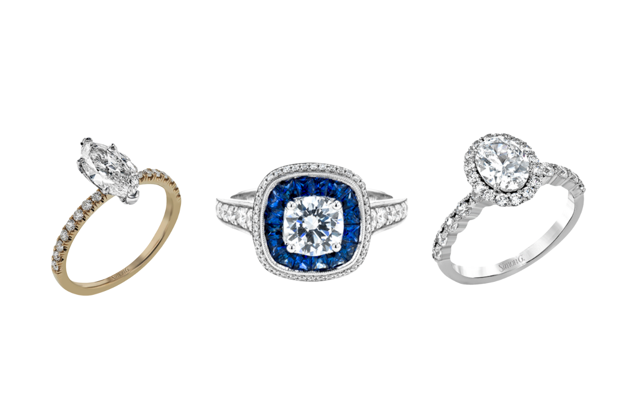 A collage of three Simon G. engagement rings.