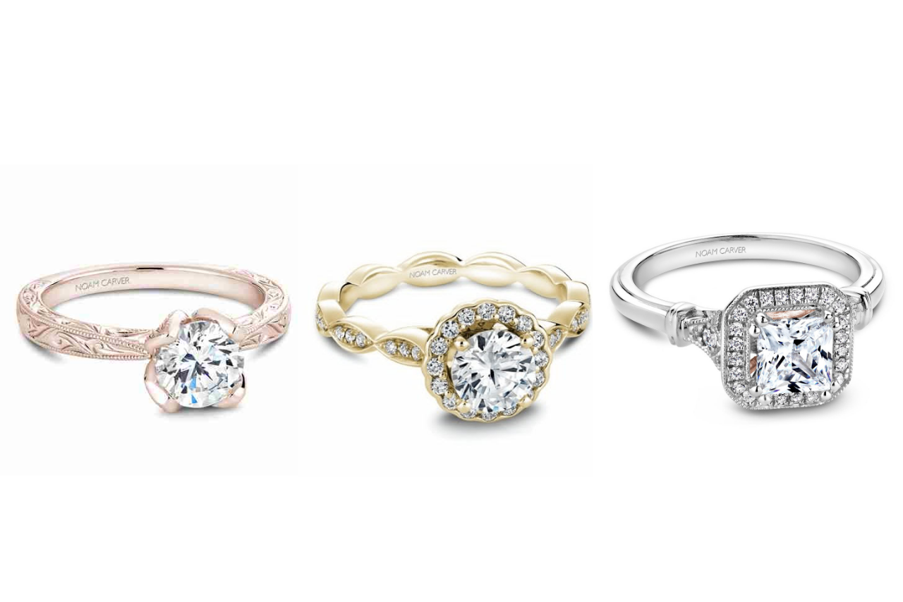 Three diamond engagement rings in rose, yellow and white gold from Noam Carver
