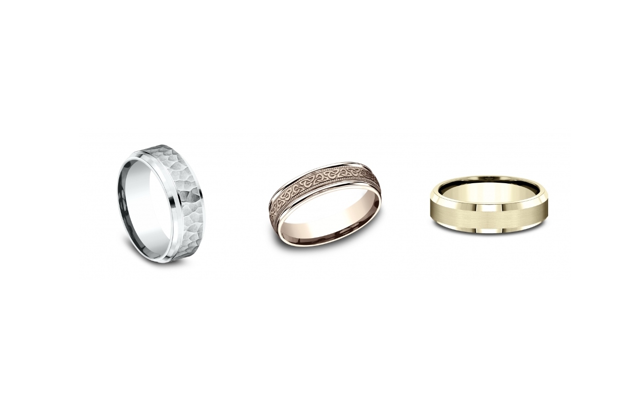 A textured white gold wedding band, a rose gold with Celtic knot designs on the band, and a yellow gold mixed finish wedding band by Benchmark