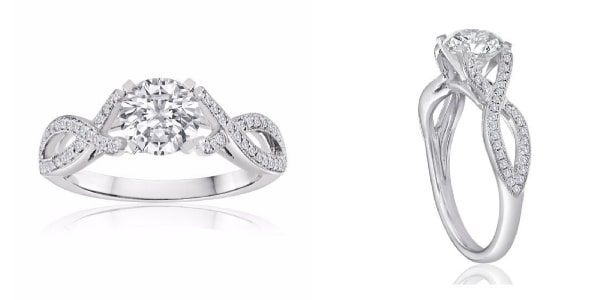 two views of an Imagine Bridal intertwining engagement ring.