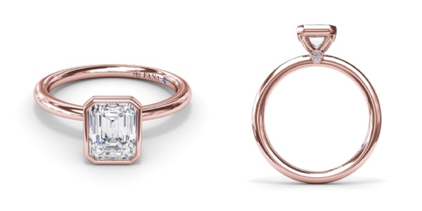 Two views of a bezel set, rose gold solitaire engagement ring from Fana.