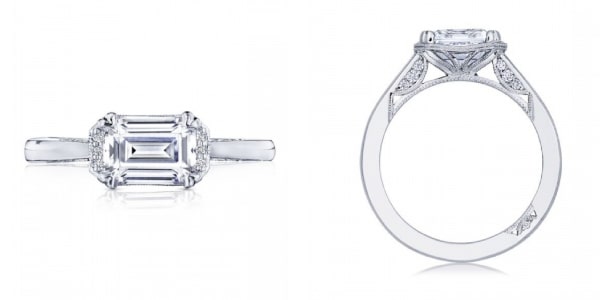 Two views of a horizontal set emerald cut diamond ring from TACORI.
