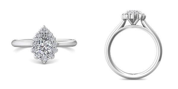 two views of a halo pear shaped engagement ring from Martin Flyer.