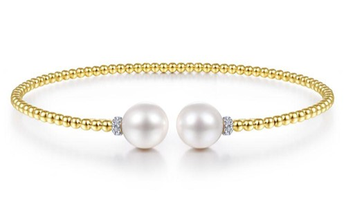 Yellow Gold, Pearl, and Diamond Cuff Bracelet by Gabriel & Co.