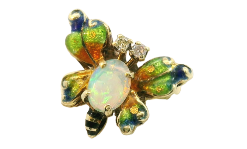 An intricate ring featuring two types of colored opals shaped like a butterfly, available at Long Jewelers.