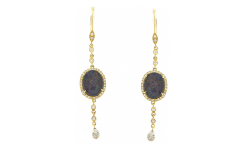 A pair of distinctive yellow gold dangle earrings with dark opal center stones and diamond details, available at Long Jewelers.