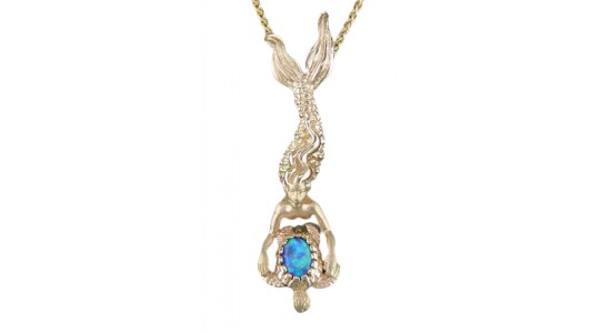 a yellow gold necklace featuring a mermaid holding a sea turtle, inlaid with a blue and green opal