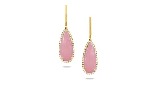 a yellow gold pair of drop earrings featuring elongated pink opals and a halo of diamonds