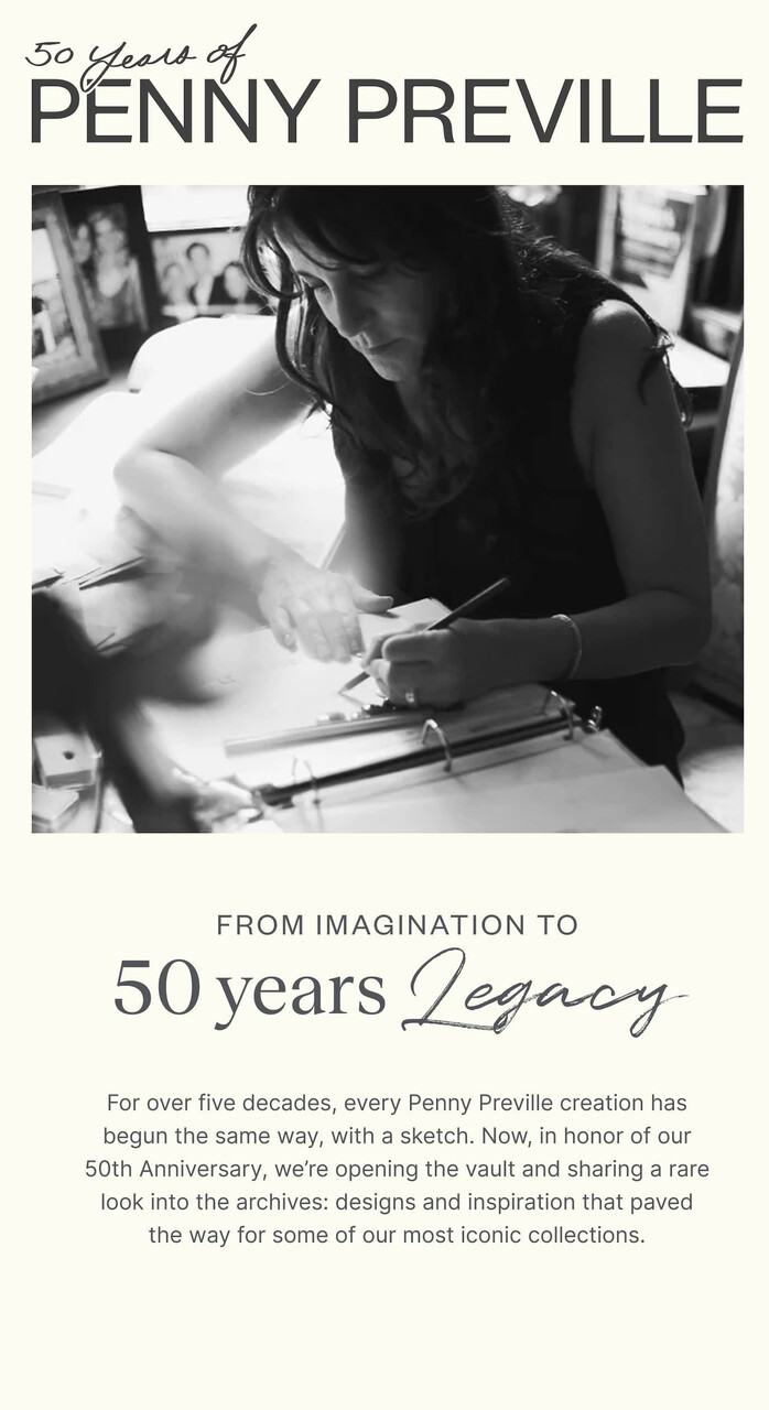 A poster of a woman sketching in the notebook, titled as 50 years of Penny Preville