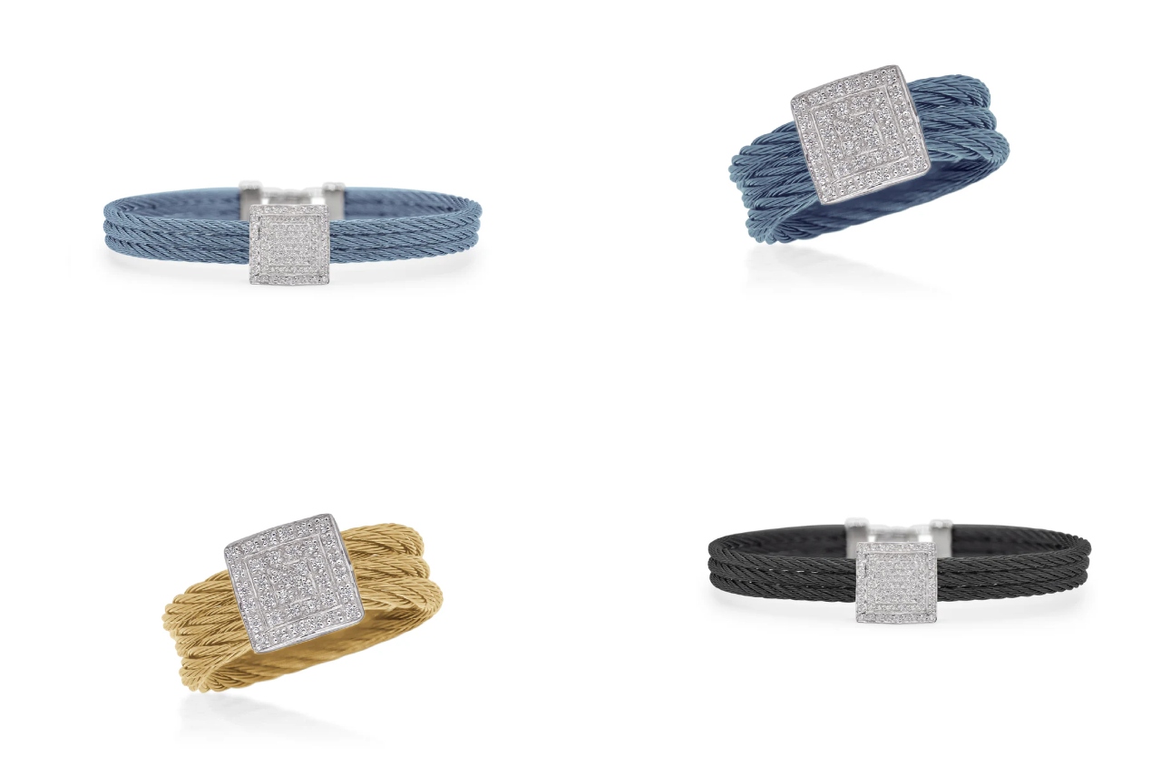 Square diamond center on different colored coil bracelets and rings that are stackable or can be worn alone by ALOR.