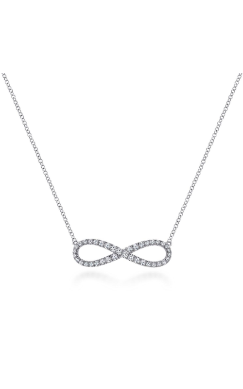 A white gold diamond eternity necklace on a white background
