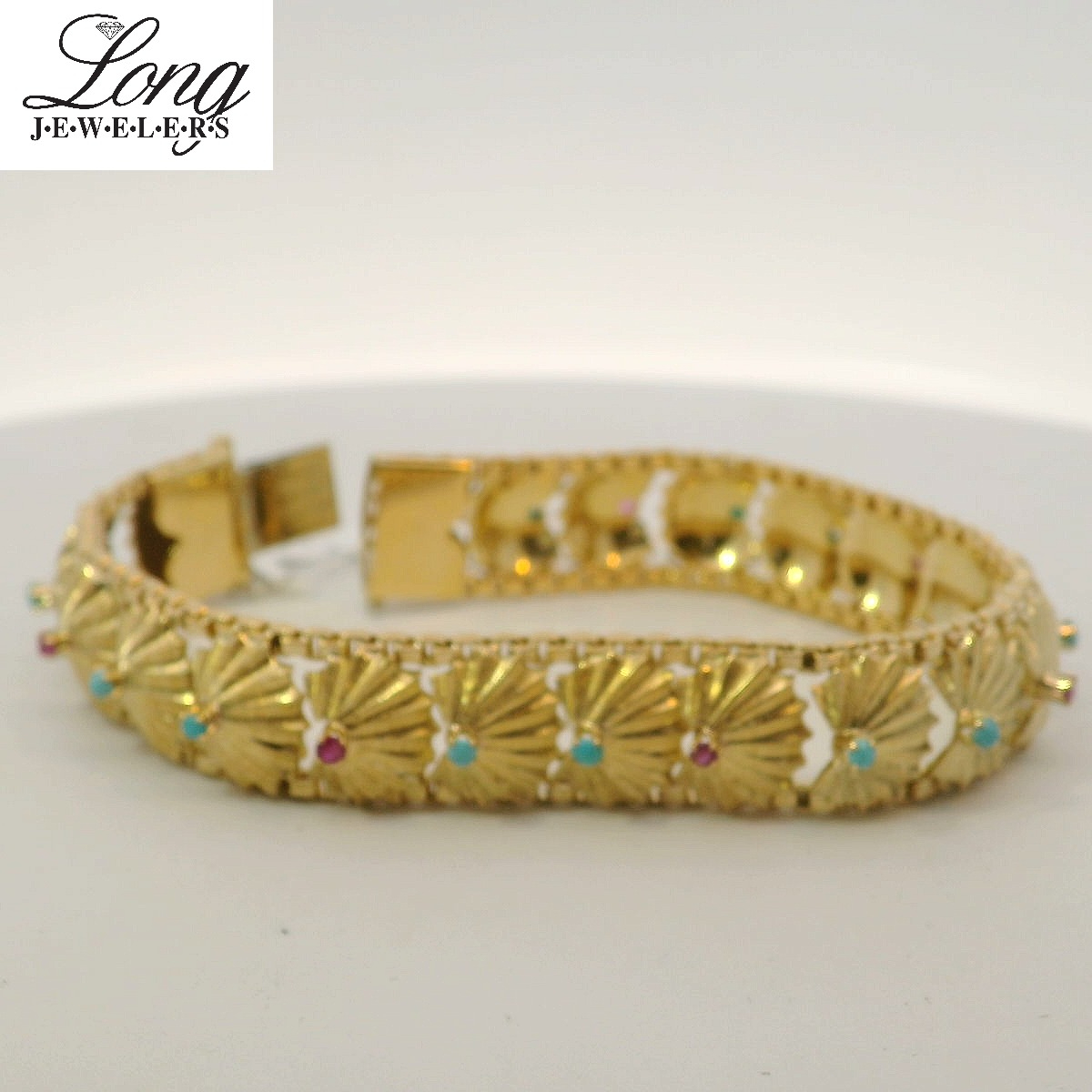 LDS 18K Yellow Gold Bracelet w/ Turquoise & Ruby Stations LDS 18K Yellow Gold Bracelet w/ Turquoise & Ruby Stations