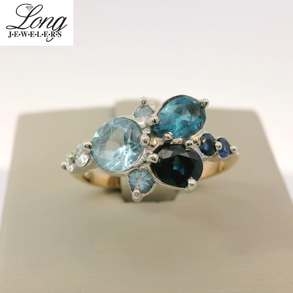 14K Gold Ring with Aqua Blue Topaz Sapphire Gemstones Statement Piece 14K Gold Ring with Aqua Blue Topaz Sapphire Gemstones Statement Piece