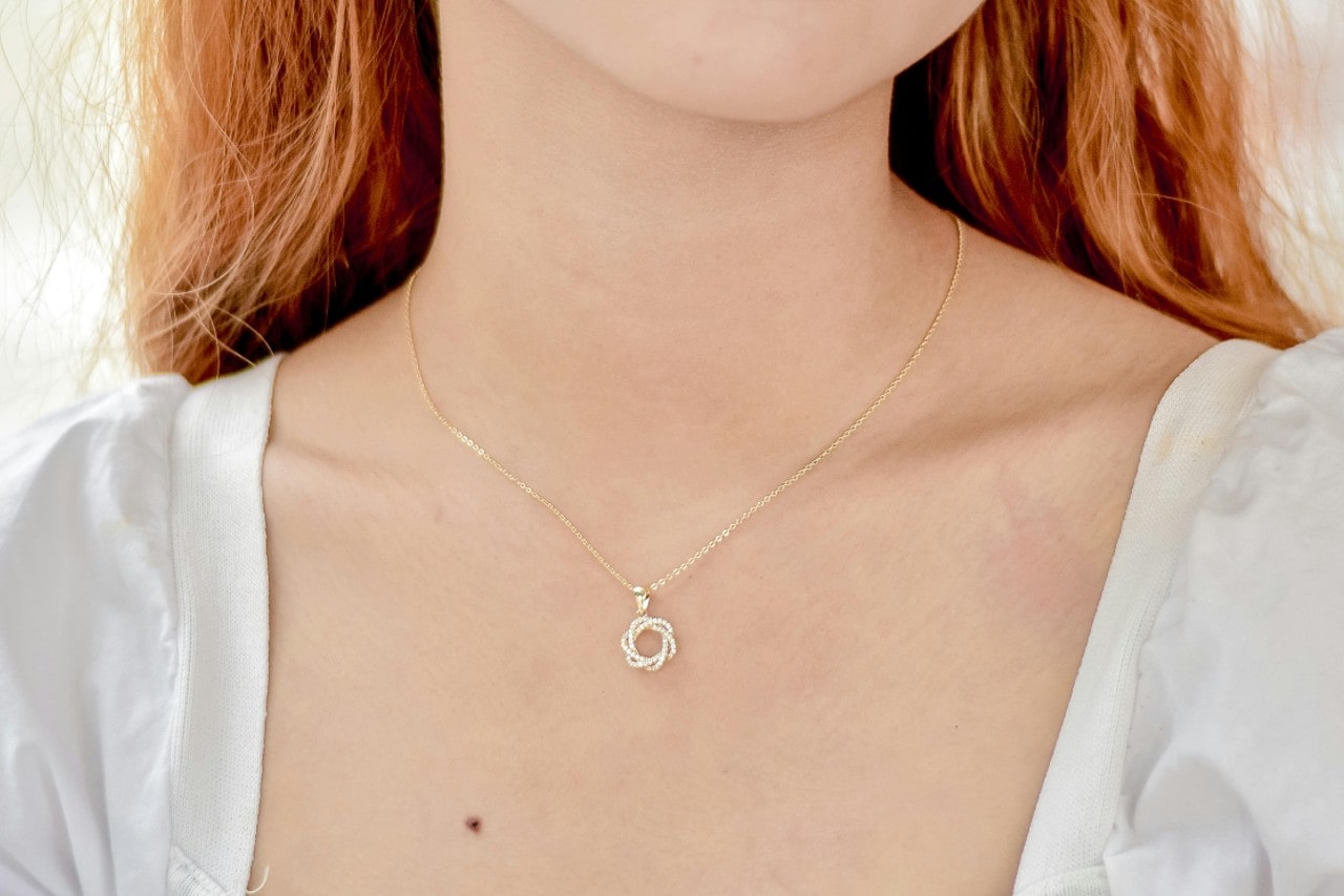 A close-up of a woman’s collarbone, adorned with a delicate diamond necklace. A close-up of a woman’s collarbone, adorned with a delicate diamond necklace.